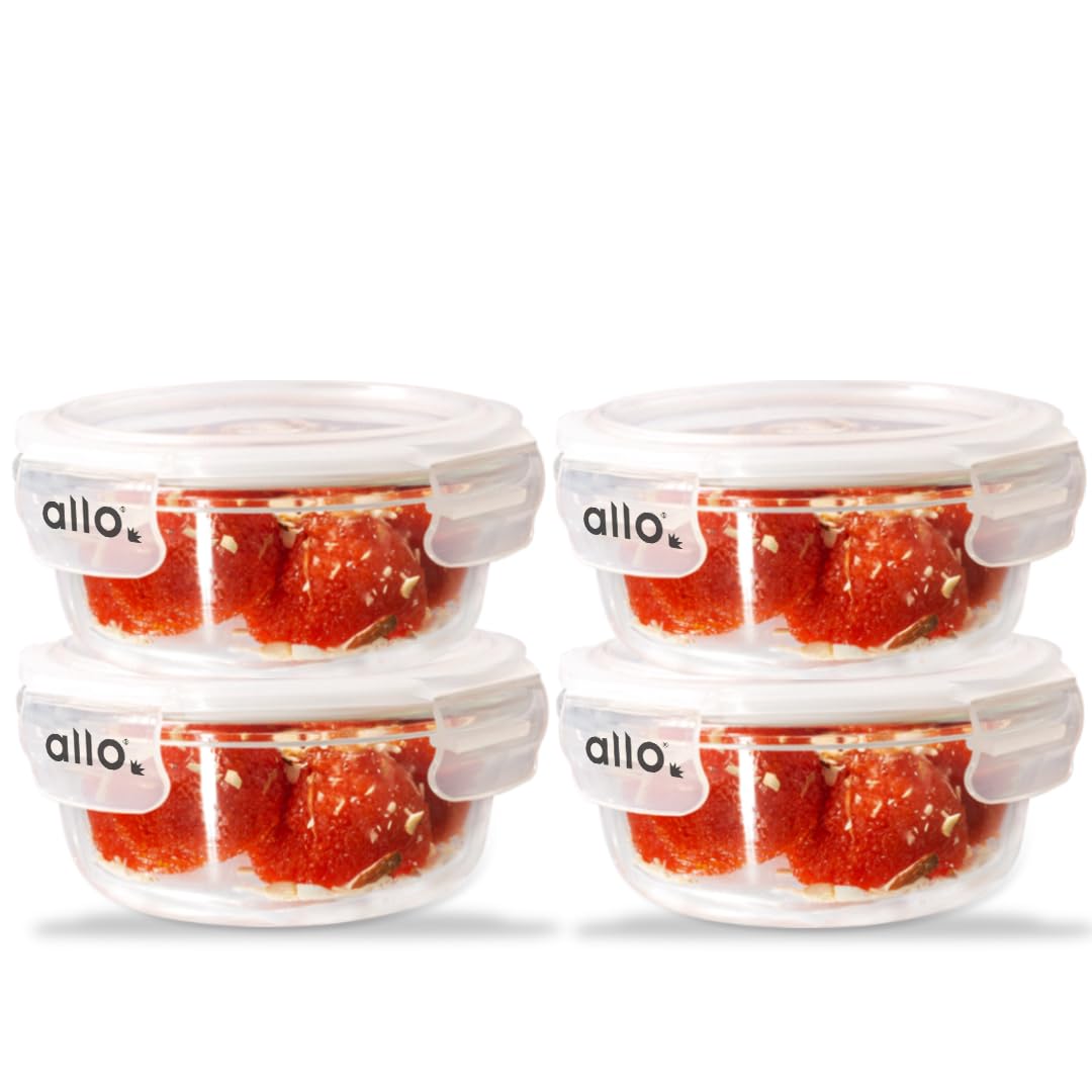 Allo Food Safe Borosilicate Glass Containers with Lids, 450°C Oven Microwave Safe Containers, Meal Prep Borosilicate Glass Food Storage Containers for Kitchen, 400ml x 4, Round