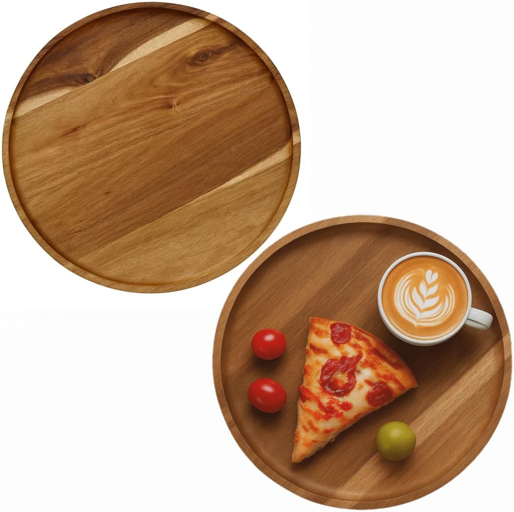 JB HOME COLLECTION, Pack of 2 Round Wooden Serving Trays, 12.5" Acacia Wood Food Serving Charger Platters – Rustic Tea, Coffee, Snack & Fruit Display Trays