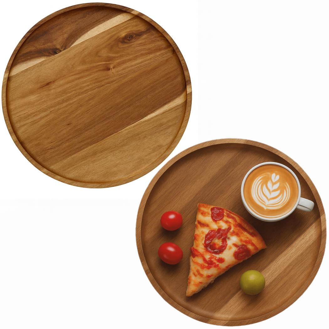 JB HOME COLLECTION, Pack of 2 Round Wooden Serving Trays, 12.5" Acacia Wood Food Serving Charger Platters – Rustic Tea, Coffee, Snack & Fruit Display Trays