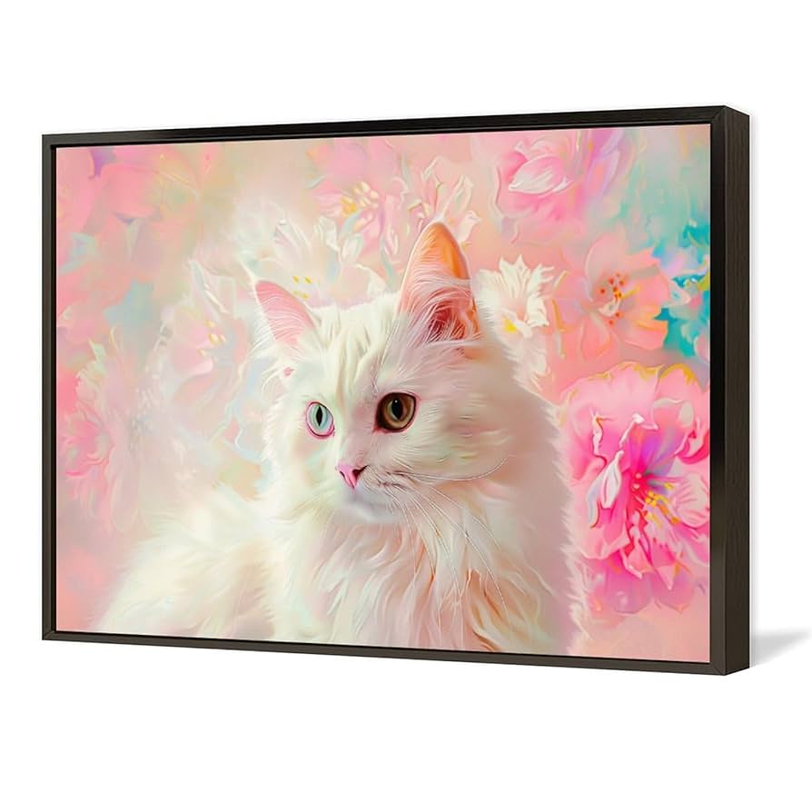 絵画。原画【2匹のかわいい猫がピンクの花の中で花の香りを感じている】 Amazon.co.jp: 絵画 ピンクの花の背景を持つかわいい白猫 アート