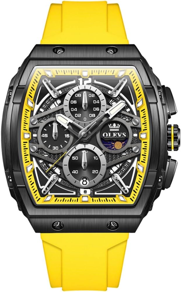 OLEVS Watches for Men, Tonneau Square Water Resistant Mens Fashion Watch, Large Face Multifunctional Moon Phase Three Hands Mens Watch