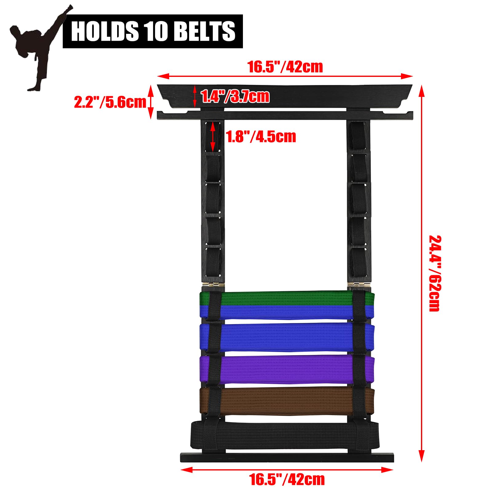 JUXYES Wall Hanging Martial Arts Belts Organizer for 10 Belts with Medal Hanger and Stickers, Bamboo Karate Belt Display Holder Rack, Taekwondo Belt Display Holder for Martial Arts Learners