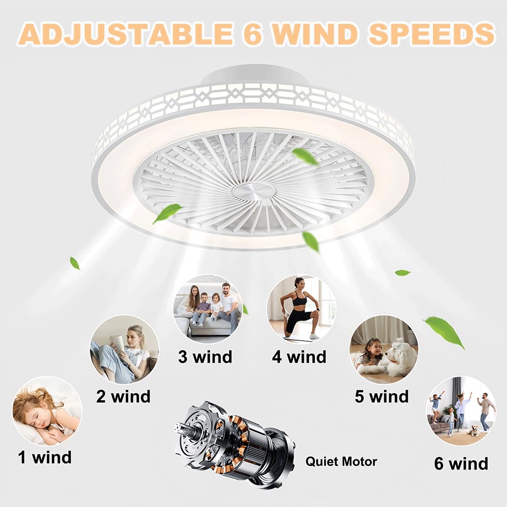 Ventilateur Plafond 48cm Ultrafin Moderne 3 Couleurs Réglables 6 Vitesses Réversible avec Minuterie et Mémoire Silencieux Blanc