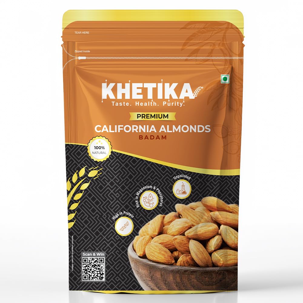 Khetika Premium California Almonds 1Kg | Dry Fruits, Badam Giri, Rich in Fiber, Boost Immunity, Healthy Nutritious Snack