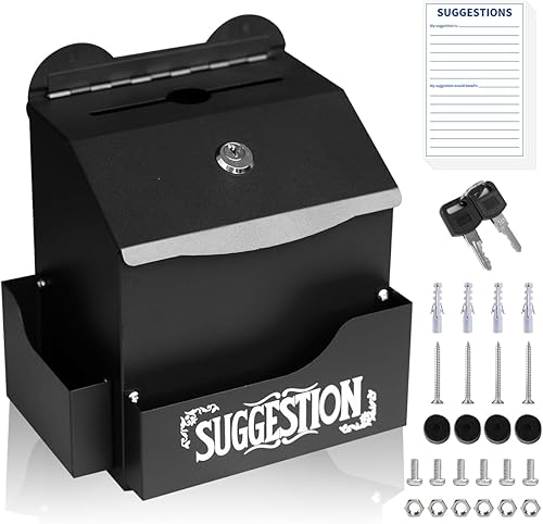 Metal Suggestion Box with Suggestions Lettering, Wall-Mounted&Tabletop With Lock Pen Holder Suggestion Cards*50pcs for Fundraising Comment Voting