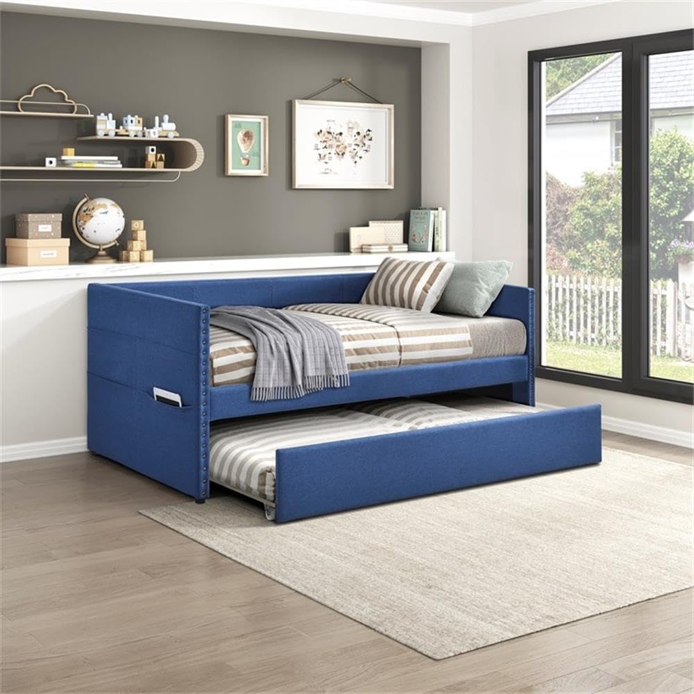 Pemberly Row Textured Fabric Daybed with Pull-Out Trundle, Blue Upholstery, Nailhead Trim, Plywood and Engineered Wood Frame, Twin Mattress Compatible, Storage Pockets, Guest Room or Living Space Use