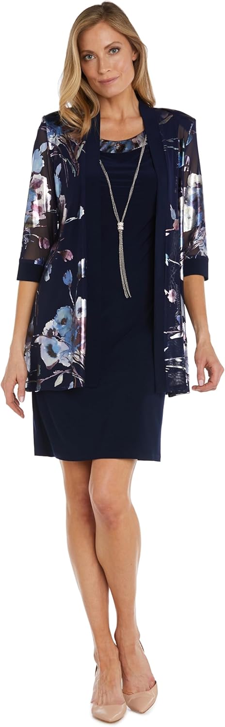 R&M Richards Women's 2-Piece Foil Mesh Jacket & Solid Sheath Dress W/Removable Necklace - Formal Evening Cocktail Attire