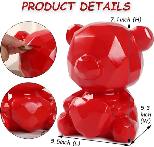 Miniatura 2 de Alcancía de oso, bonita caja de dinero de geometría, banco de monedas irrompible para niñas y niños, gran regalo de cumpleaños (oso rojo)