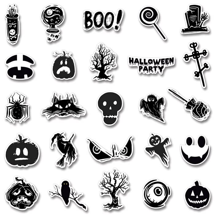 Amazon.co.jp: 50枚 ステッカー モノクロ イラスト ハロウィン 防水
