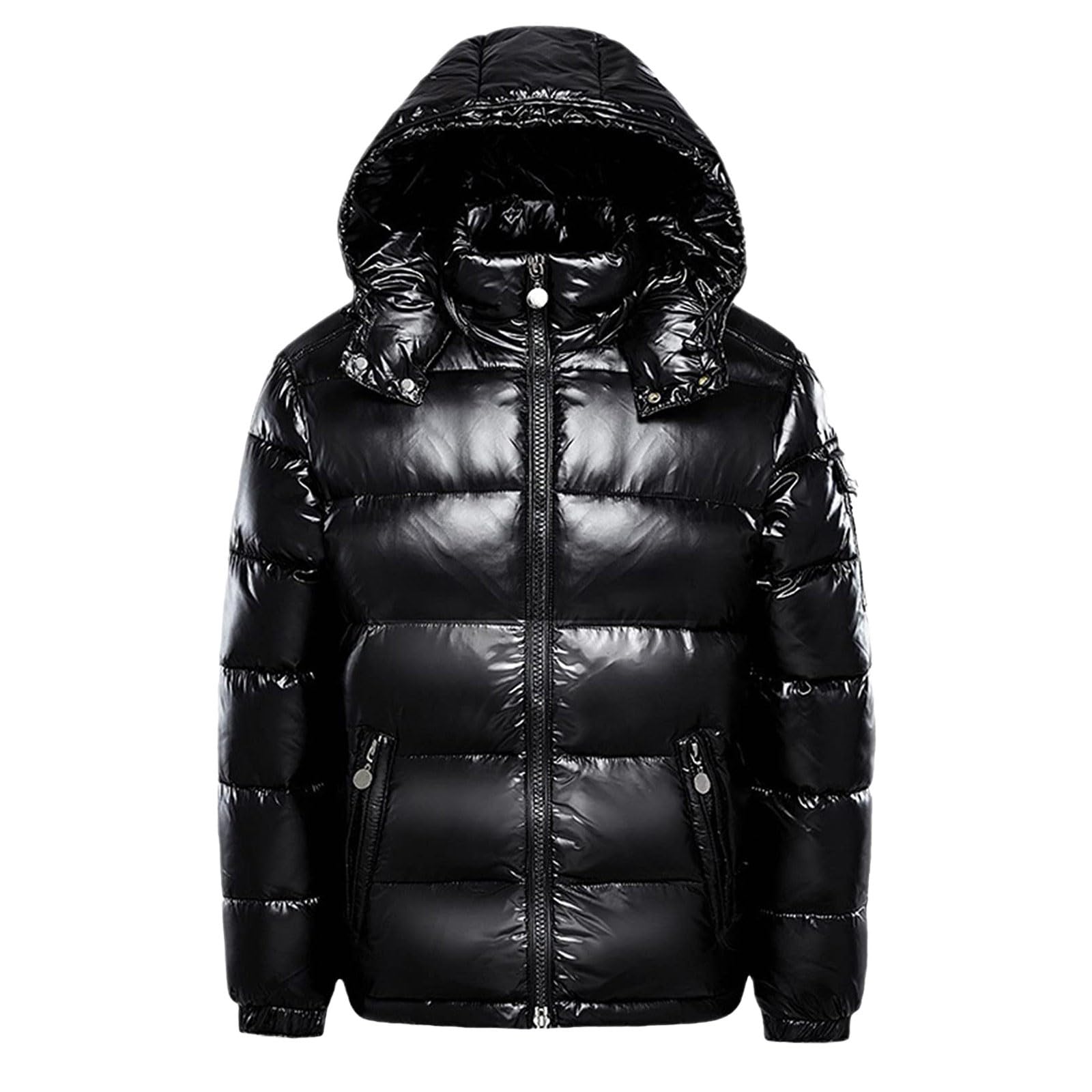 Veste Puffer pour femme - Doudoune brillante - Veste d'extérieur chaude - Manches longues - Veste matelassée - Couleur unie - Hiver - Neige - Avec capuche - Fermeture éclair - Métal brillant