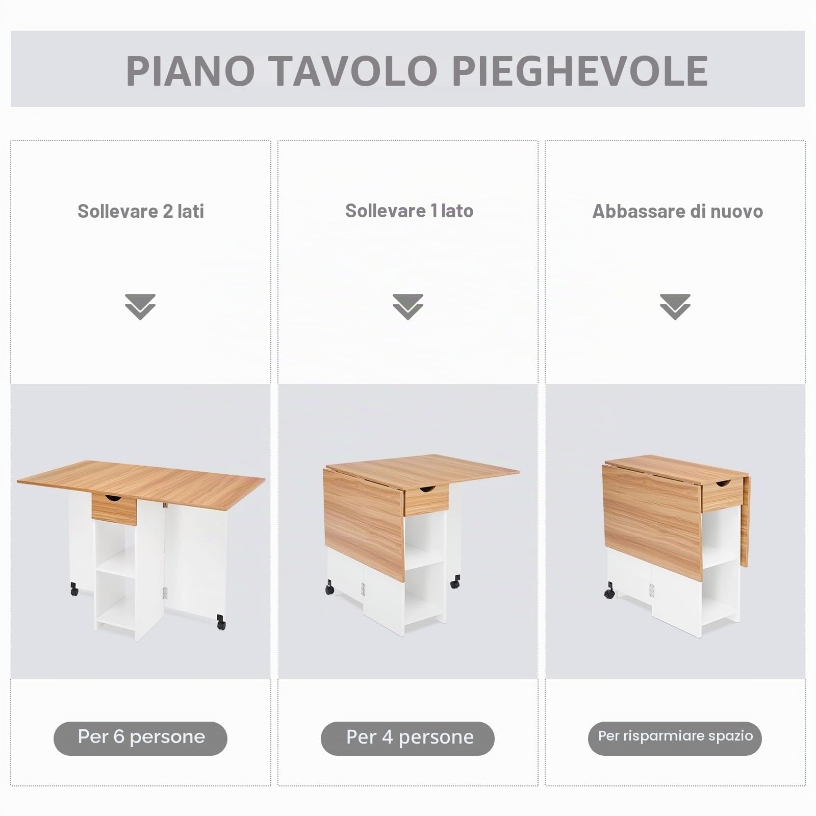 Mondeer Tavolo da pranzo, tavolo da cucina pieghevole per 4-6 persone, tavolo pieghevole con cassetto e 2 ripiani aperti per piccoli spazi, sala da pranzo, cucina, 120 x 72 x 75 cm, bianco+rovere