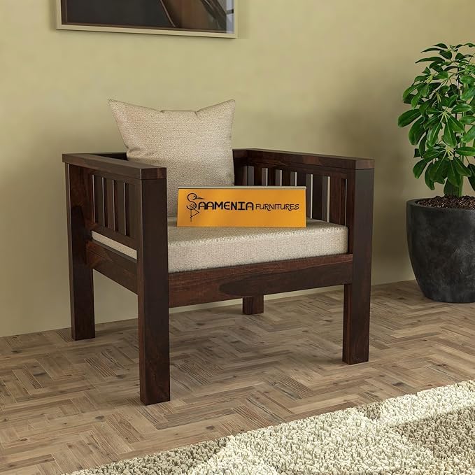Image of Sheesham Wooden 1 Seater Sofa for Living Room | Rosewood 1 Seater Cushion Sofa Low Height | Solid Wood Sofa Set for Lounge (1 Seater,Walnut)