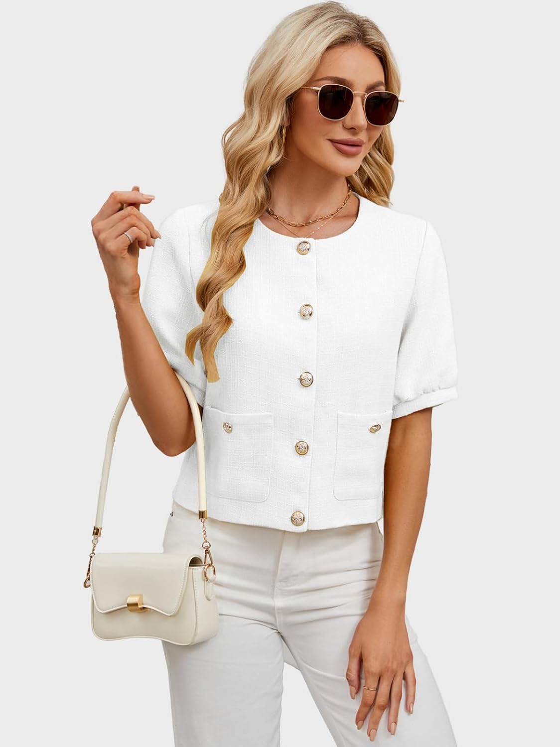 LifeShe Puff Short Sleeve Tweed Jacket Women Cropped Jackets Summer Open Front Office Work Blazer Coat - Image 6