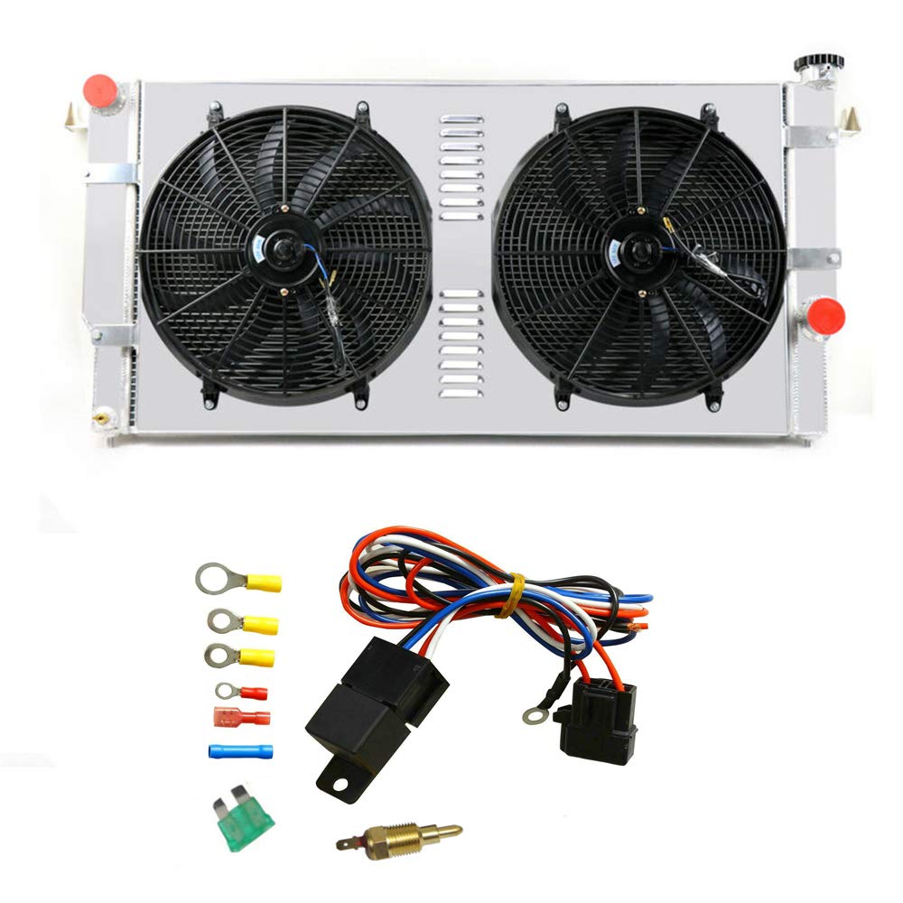 4 Row Core All Aluminum Radiator + 2 x 16" Electric Cooling Fan w/Shroud + Thermostat/Relay Wire Kit for 1994-2002 95 96 97 98 99 00 01 Dodge Ram 2500/3500 Quad Cab Turbo Diesel 5.9L L6