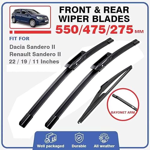 Miniatura 2 de Juego de 3 limpiaparabrisas delantero y trasero compatible con Dacia Renault Sandero 2019 2018 2017 2016 2015 22 19 11 pulgadas