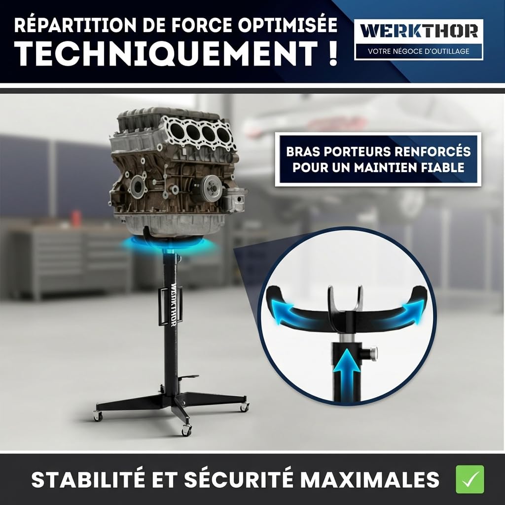 WERKTHOR Vérin de Fosse Hydraulique 500kg Noir | Cric de Fosse Réglable 113–195 cm avec Pédale & 4 Roues | Verin de Fosse Atelier pour Boîte Vitesse, Moteur, Transmission