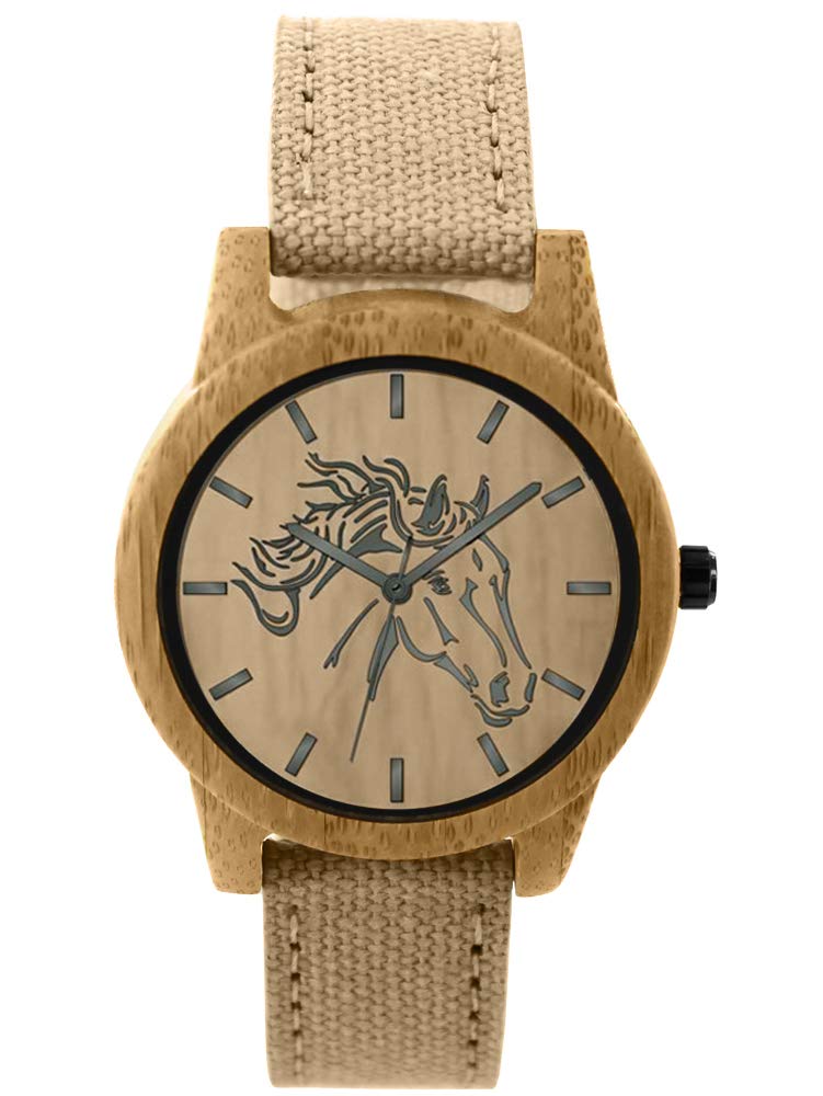 Pacific Time Damen Armbanduhr Pferd Holz Canvas Uhrenarmband Textil beige analog Quarz 87204