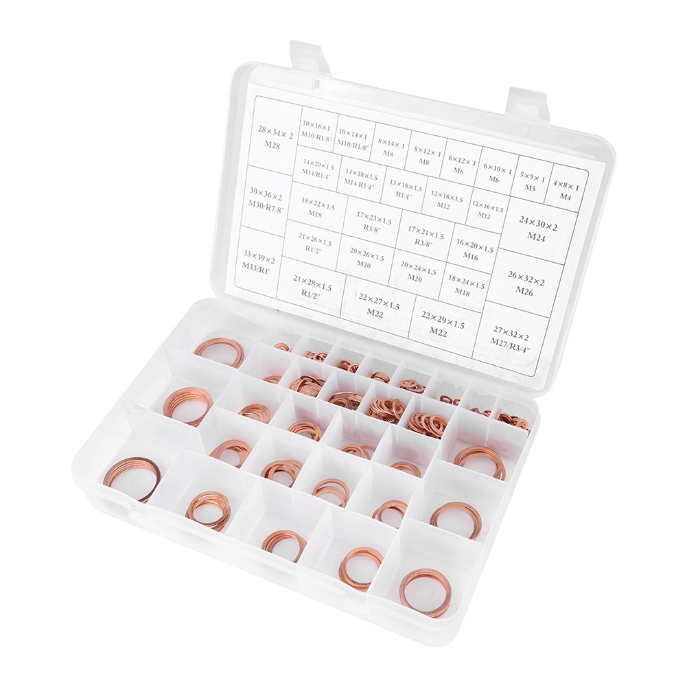 Akozon 568PCS Arandelas Planas de Cobre 30 Tamaños Arandelas de anillo Sellado Conjunto