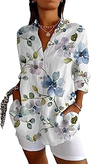 Oversized Button Down Shirts for Women Boho Graphic V Neck Blouses Outfits 3/4 Long Sleeve Summer Daily Casual Top