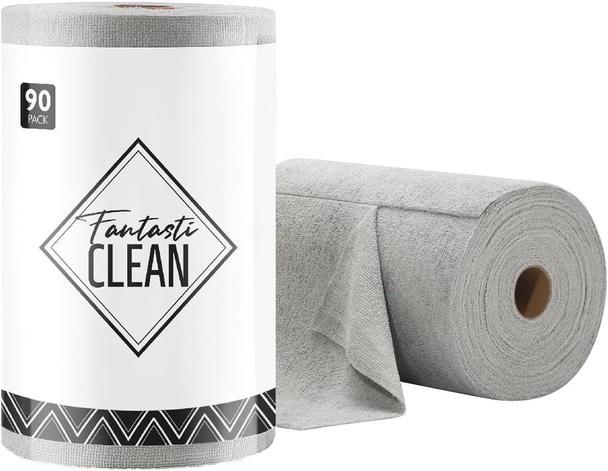 Fantasticlean Microfiber Cleaning Cloth Roll -90 Pack, Tear Away Microfiber Towels, 12" x 12", Reusable, Washable, Scratch Free, Ultra Absorbent Dishcloth for Car, Home Supplies, Pet, Kitche