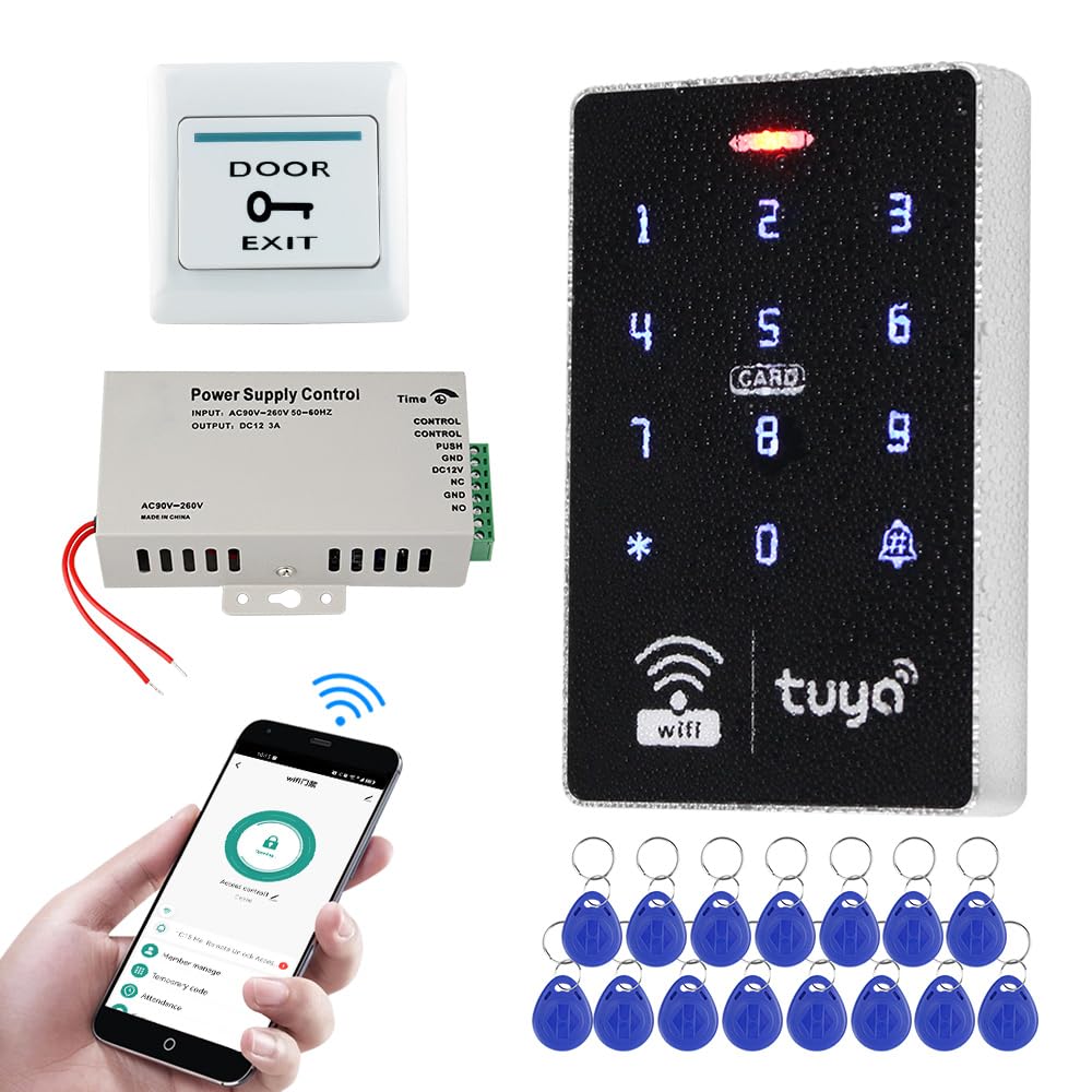 Drahtlos WiFi Tuya Tür Kits Zugangskontrollsysteme 125KHz 13.56MHz IP68 wasserdichte Touch RFID Tastatur und DC12V3A Netzteil 15pcs Keyfobs, Ohne Elektrische Schlösser