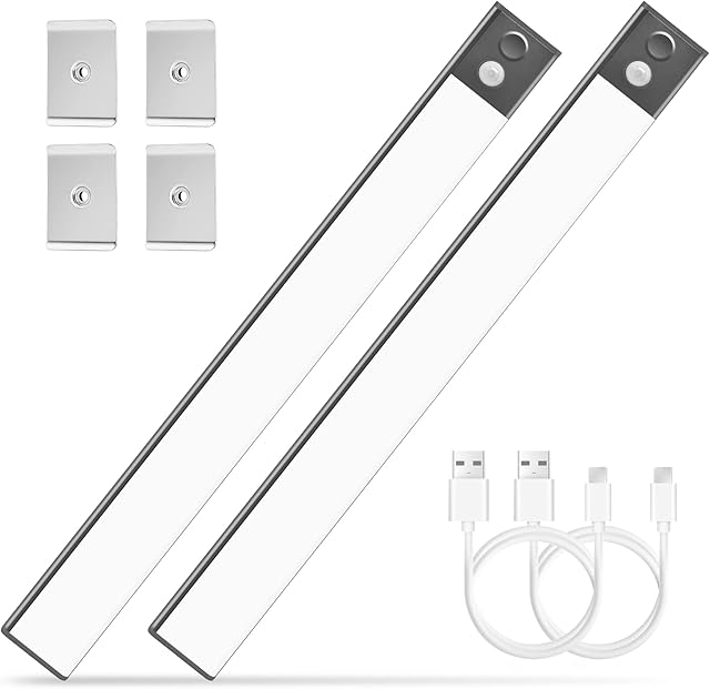 Mardiko Under Cupboard Lights, 69 LED Motion Sensor Lights Indoor, 2 Pack Kitchen Under Cabinet Lights Dimmable USB Rechargeable, 40cm Wardrobe Lights for Stairs Closet Hallway Drawer Bedroom, Tarnish