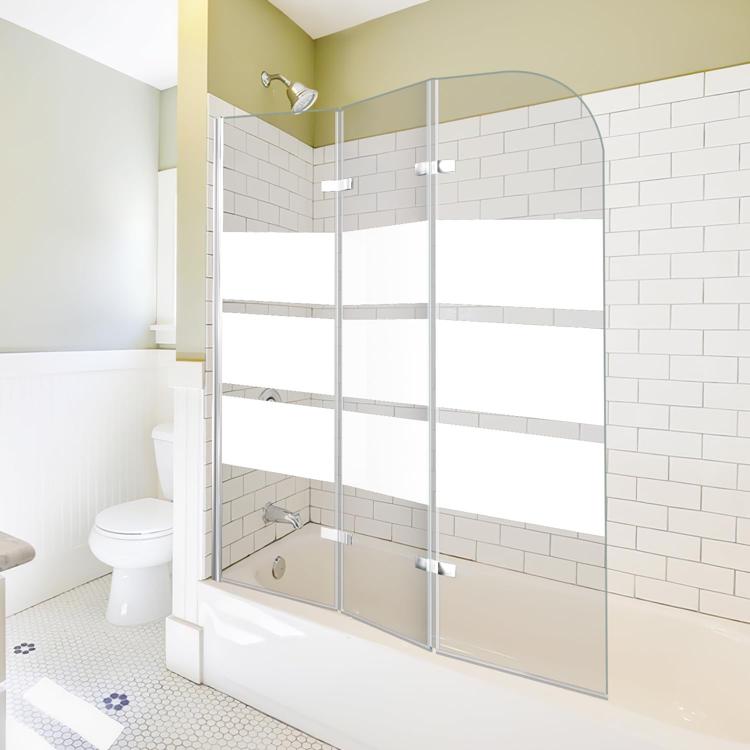 Vasca da bagno 120 x 140 cm, 3 pezzi, pieghevole, parete doccia per vasca da bagno in vetro di sicurezza ESG da 6 mm, con strisce bianche, rivestimento nano, paraspruzzi, argento