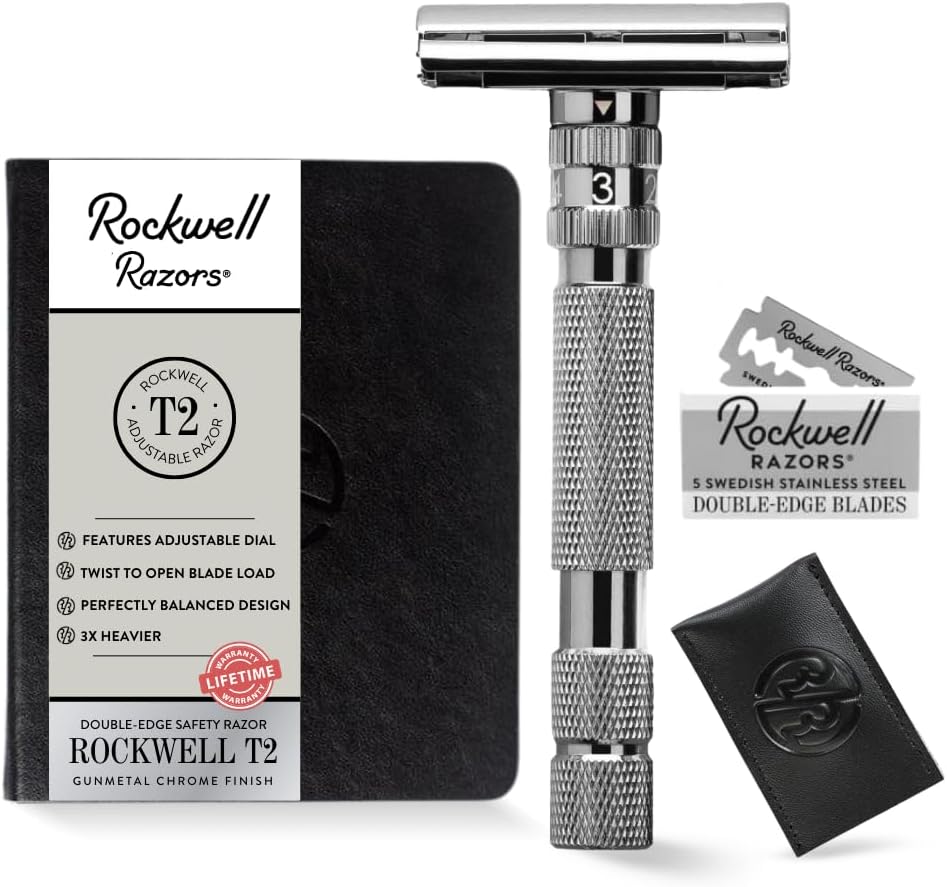 Rockwell T2 | Twist-To-Open (TTO) Double-Edge Safety Razor | Full Metal | Includes 5 Fully Recyclable Stainless Steel Blades (Gunmetal Chrome)
