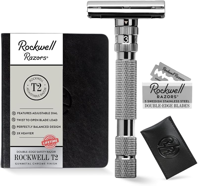 Aparelho de barbear de segurança ROCKWELL RAZORS T2 ajustável Twist-To-Open em metal completo, Gunmetal Chrome, com 5 lâminas