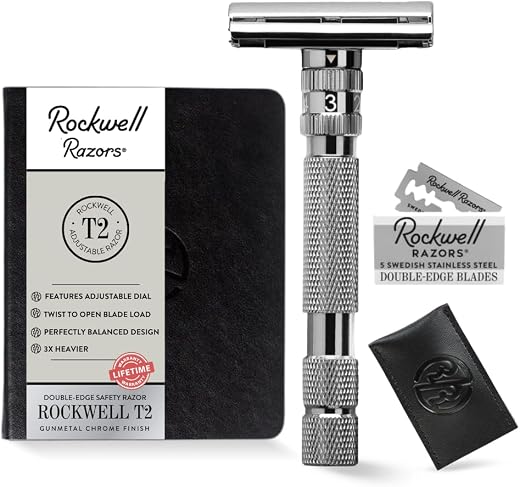 ROCKWELL T2 Adjustable Twist-to-Open Safety Razor for Men &amp; Women | Eco-Friendly &amp; Reusable Shaving Razor | 5 Double Edge ...