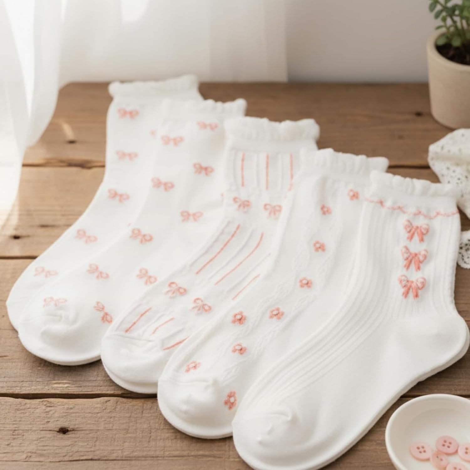 6 Pairs Cute Coquette Bow Ankle Crew Socks for Valentine Women Lace Ruffles Ankle Casual Sock Edge Spring Daily Wear Gift - Image 5