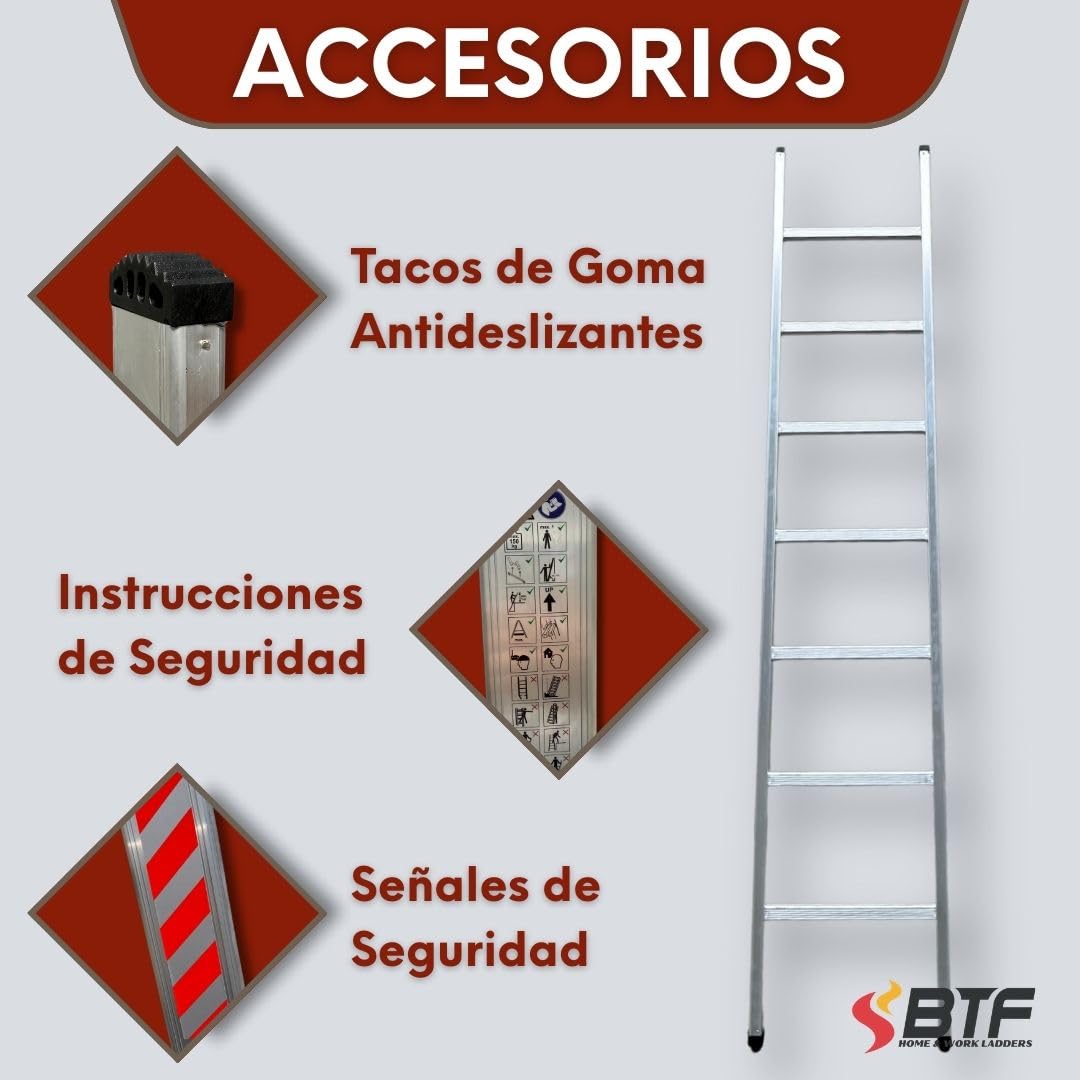 BTF Escalera de Apoyo en Aluminio - Escalera Simple 9 Peldaños, 2,5m, 1 Tramo, Ligera y Resistente, Certificada Carga Máx. 150 kg, Ideal para Obra y Hogar, Norma EN131.