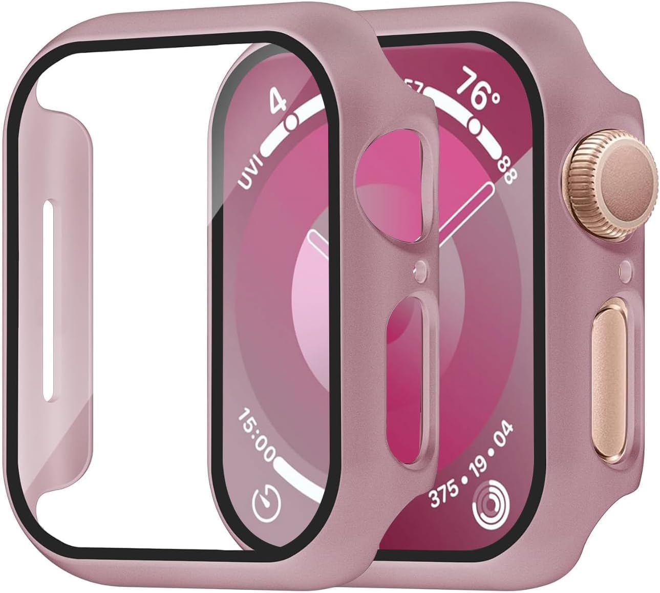 Smiling 2 Pack Case Compatible with Apple Watch Series 9/8/7 41mm with Tempered Glass Screen Protector, Hard PC Case Overall Protective Cover- 1 Rose Gold + 1 Transparent