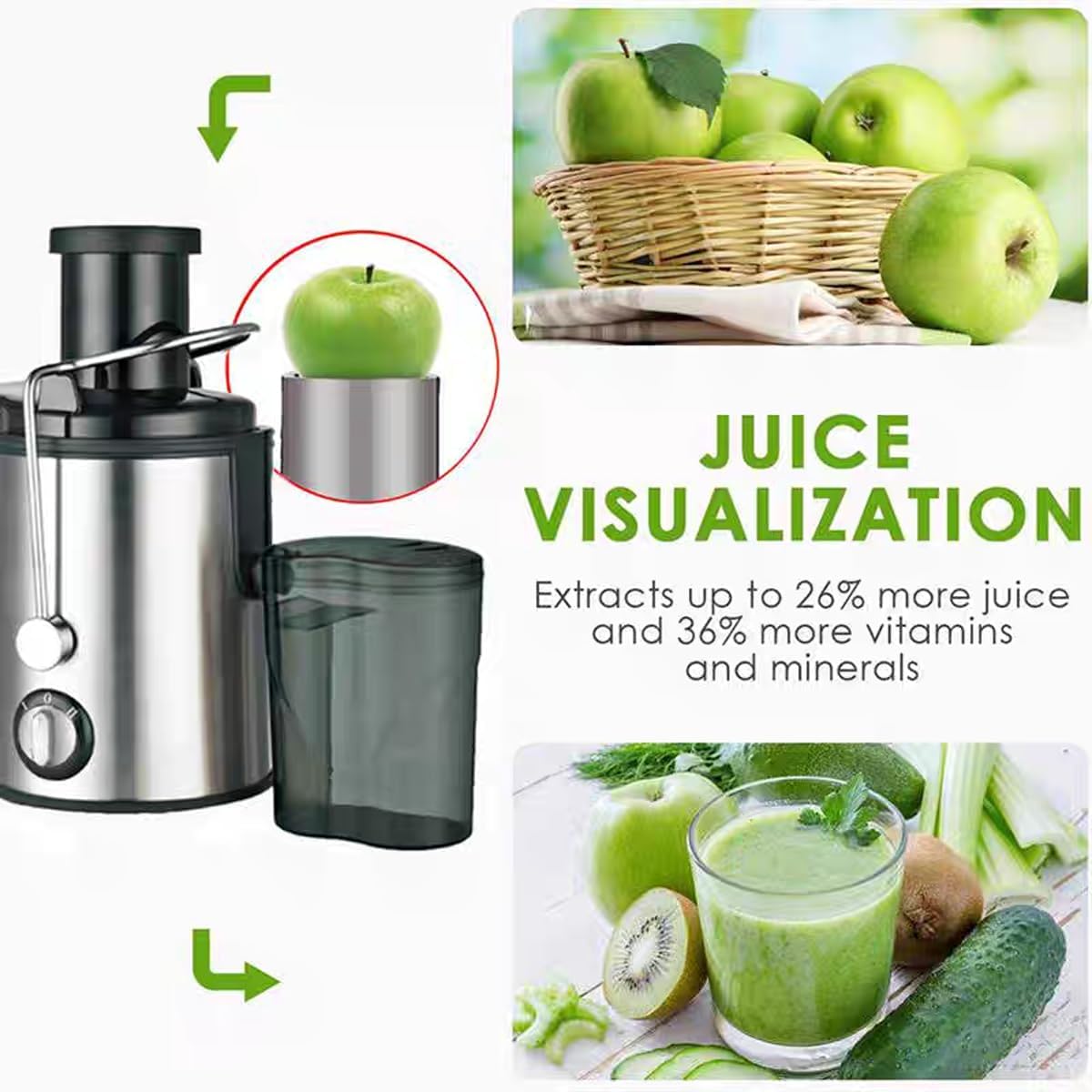 Juicer, Slow Masticating Juicer, 65mm Wide Food Hopper for Whole Fruits Vegetables