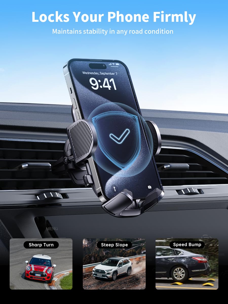 Soporte de teléfono para ventilación de coche mejorado 2025 [clip de grado militar] rotación de 360°, soporte universal para teléfono celular compatible con iPhone 16, 15, 14, 13 Pro Max