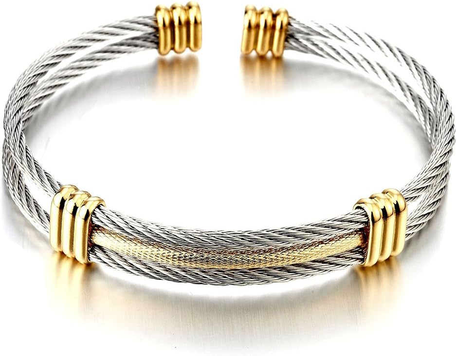 Men Women Stainless Steel Twisted Cable Adjustable Cuff Bangle Bracelet