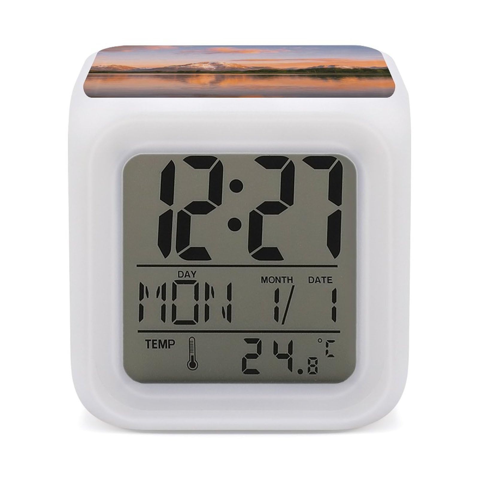 LZQPOEAS Landscape Alarm Clock with 7 Color Changing Nightlight for Bedroom Calendar Temperature Display Wake Up Digital Clock Small Desk Clocks for Heavy Sleepers Adults