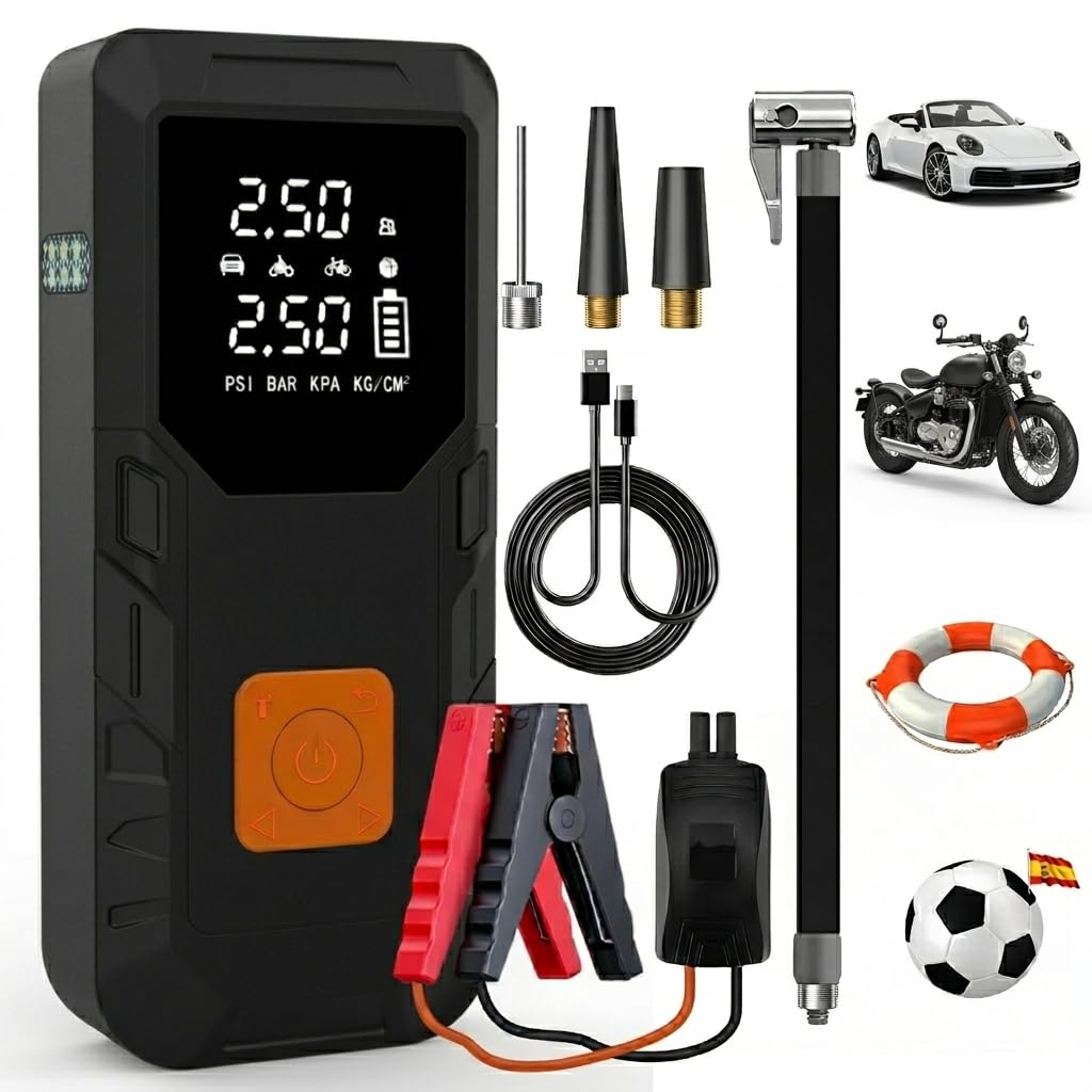 JunSun Arrancador de Baterías Coche 12V (Gasolina/Diésel) con 12000mAh Compresor Aire Portátil 150PSI, Power Bank 18W Carga Rápida, Inflador Neumáticos Coche con Linterna LED para Moto Pelotas