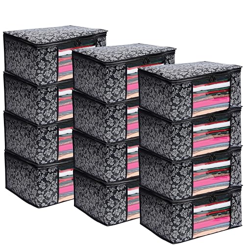 Image of Flower Printed Saree Covers for Cloth Storage & Wardrobe | Transparent Window, Zipper Closure | Black | Pack of 12 | Dustproof, Breathable, Travel & Home Use