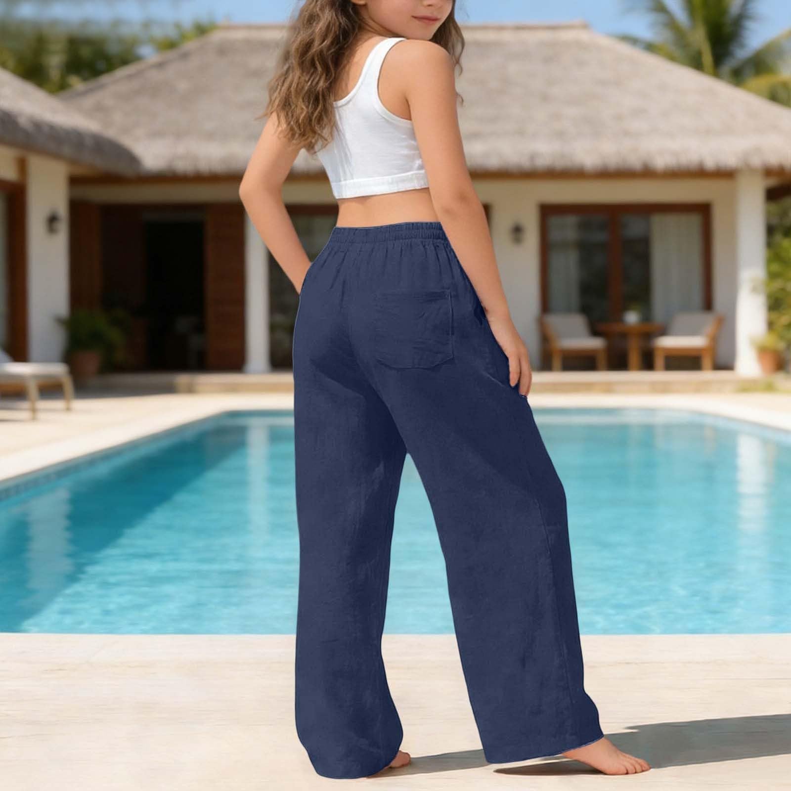 Pantaloni Lino Ragazze Lunghi Larghi Pantaloni Sportivi per Ragazzi Lino Cotone Leggero Pantalone con Fiocco Vita Alta Gamba Dritta Eleganti Pantalone Bambini Ragazzo Y2K Streetwear per Spiaggia