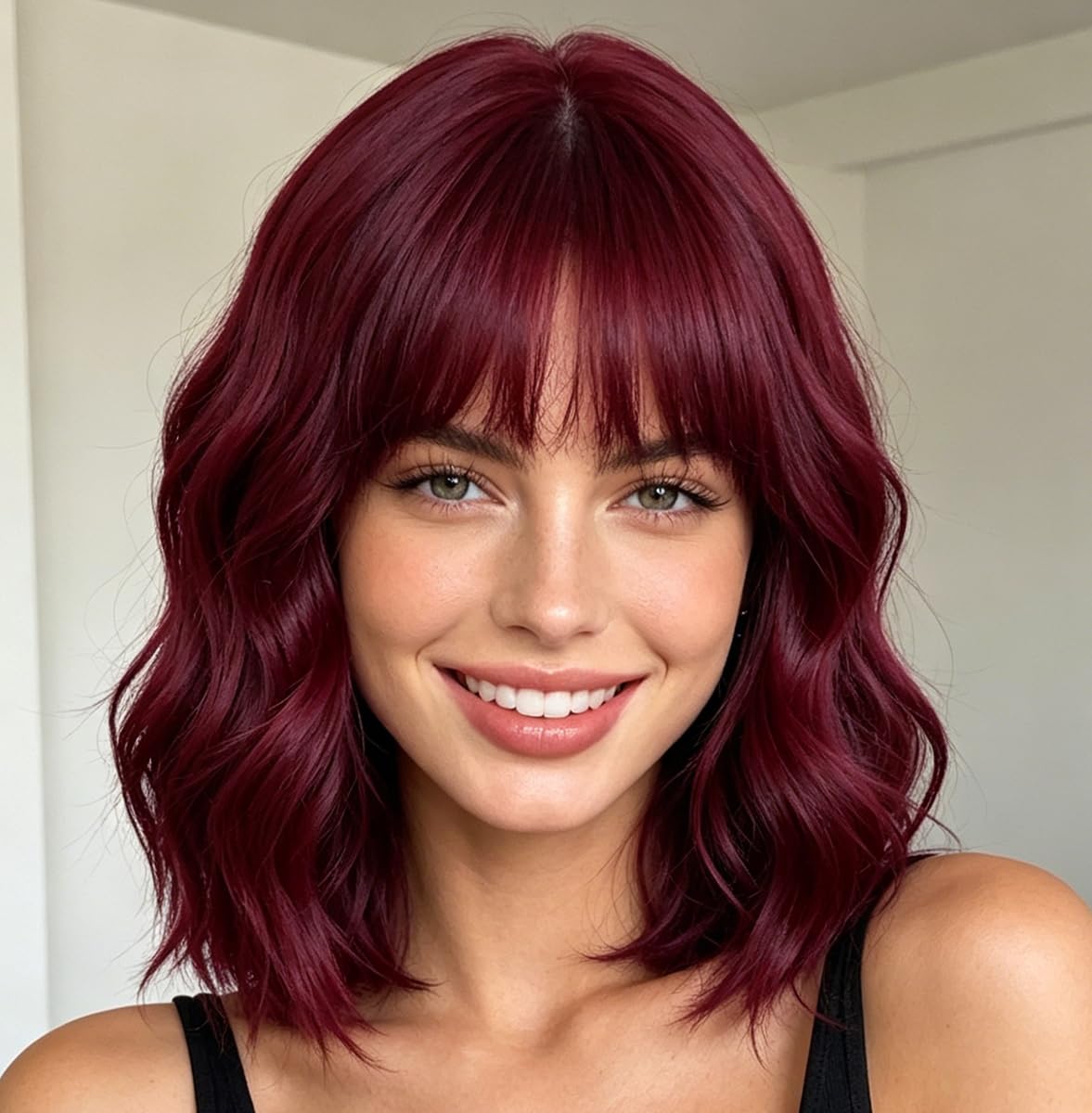 Red Wig with Bangs Short Wavy Bob Wigs for Women 14 Inch Shoulder Length Natural Looking Hair Replacement Wigs for Cosplay Party Use