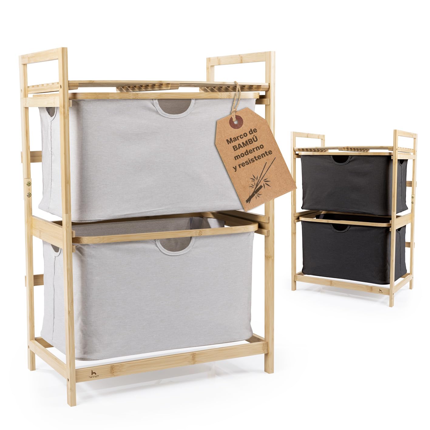 Hennez Gris Estantería De Baño Con 2 Compartimentos, Estantería De Bambú Con Estante Y 2 Cestas, Estantería De Baño Con Cajones | Estantería De Pie – Ideal Como Cómoda Y Cesta De Lavandería | Clasificador