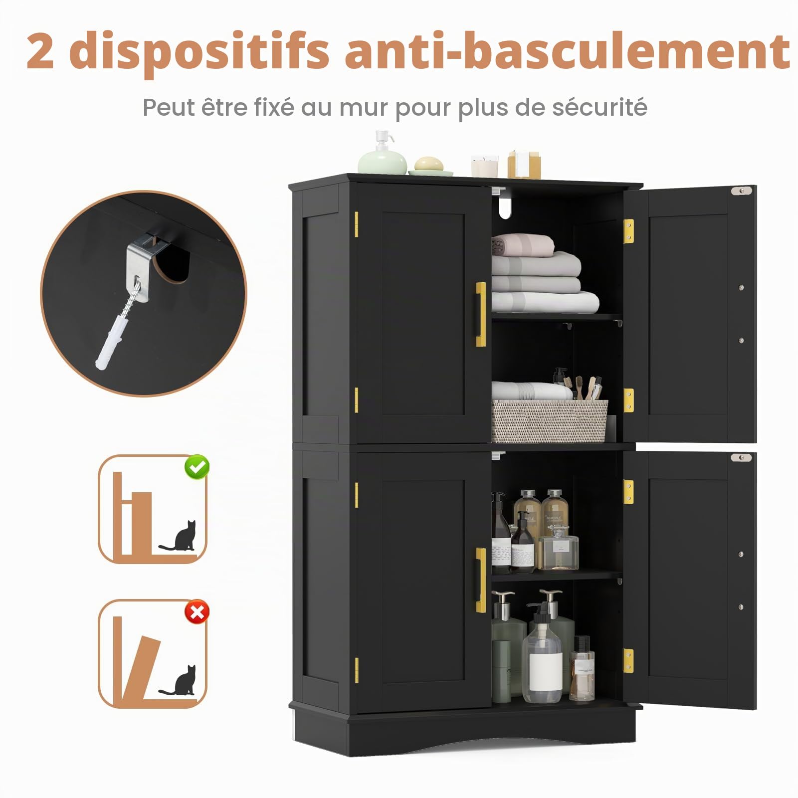 KOMFOTTEU Meuble Salle de Bain, 4 Portes & 2 Étagères Réglables, Noir