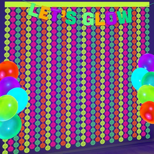 Decorações de festa de néon – 2 cortinas de ouropel fluorescentes coloridas para discoteca que brilham no escuro, material de festa para cabine de fotos, pano de fundo
