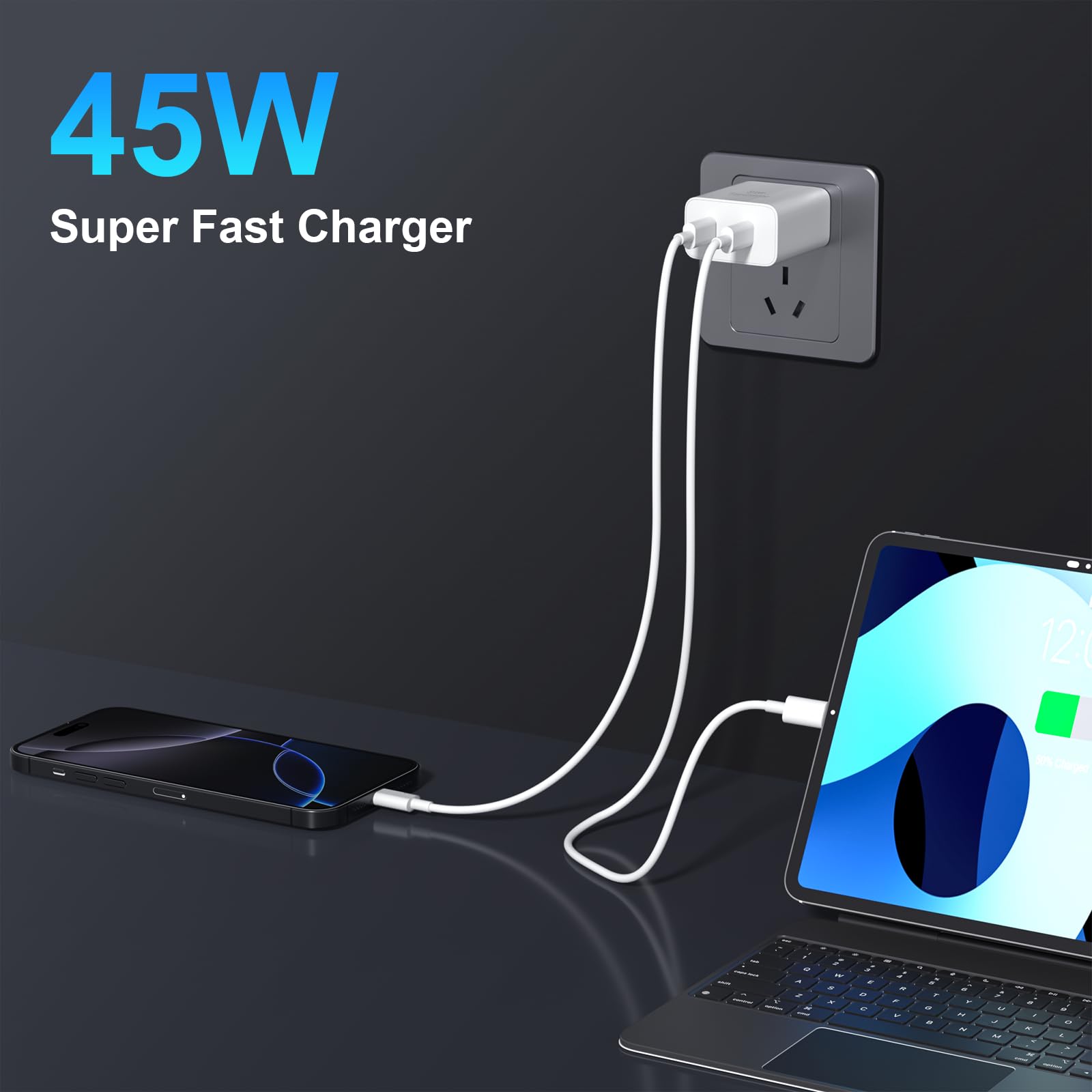 16 caricabatterie a ricarica rapida, 45 W USB C doppia porta super veloce blocco di ricarica per telefono con cavo di ricarica tipo C lungo 3 m per telefono 16 Pro/16 Pro Max/15 Plus/15 Pro/S25 Ultra