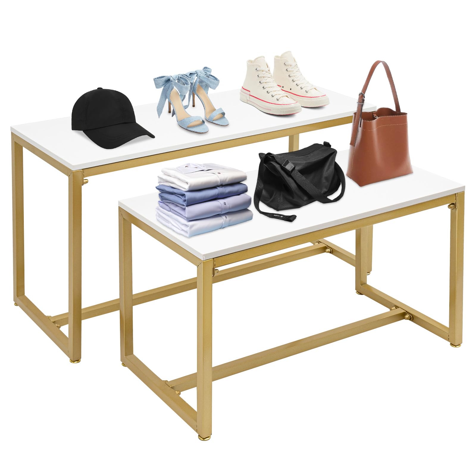 CAIHAOA Metal Shoe Handbag Display Stand,2 Piece Set Nesting Tables, Each Load Capacity 110lbs, Metal Display Riser Shelf for Home Clothing Shops Retail Stores, Nano Baking Paint, Gold