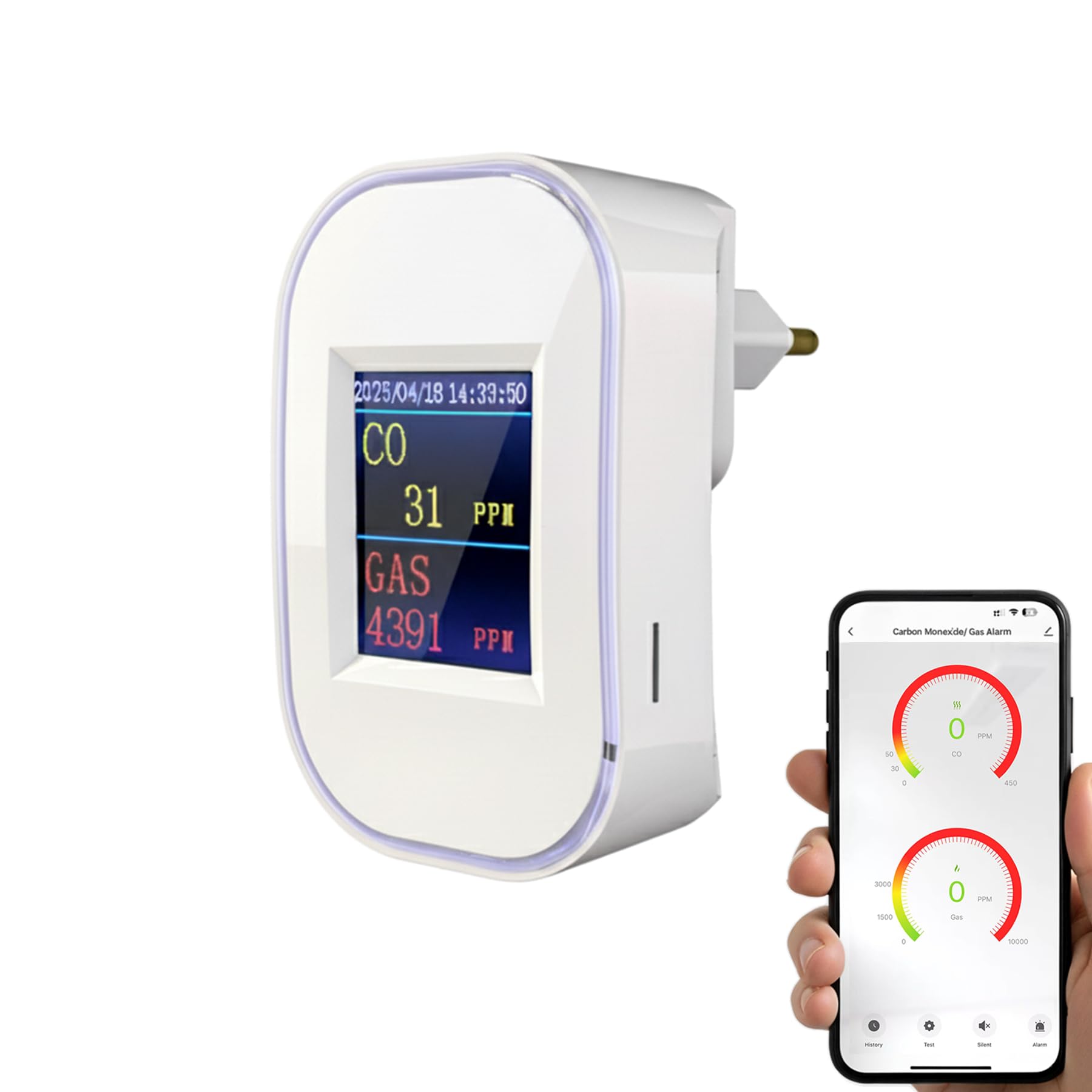 Detector de Gas y Monóxido de Carbono WiFi con Enchufe, Detector de Gas Natural y CO con Pantalla LED, App Tuya/Smart Life, Certificado EN50291 & EN50194, para Cocina, Casa, Garaje y Caravana