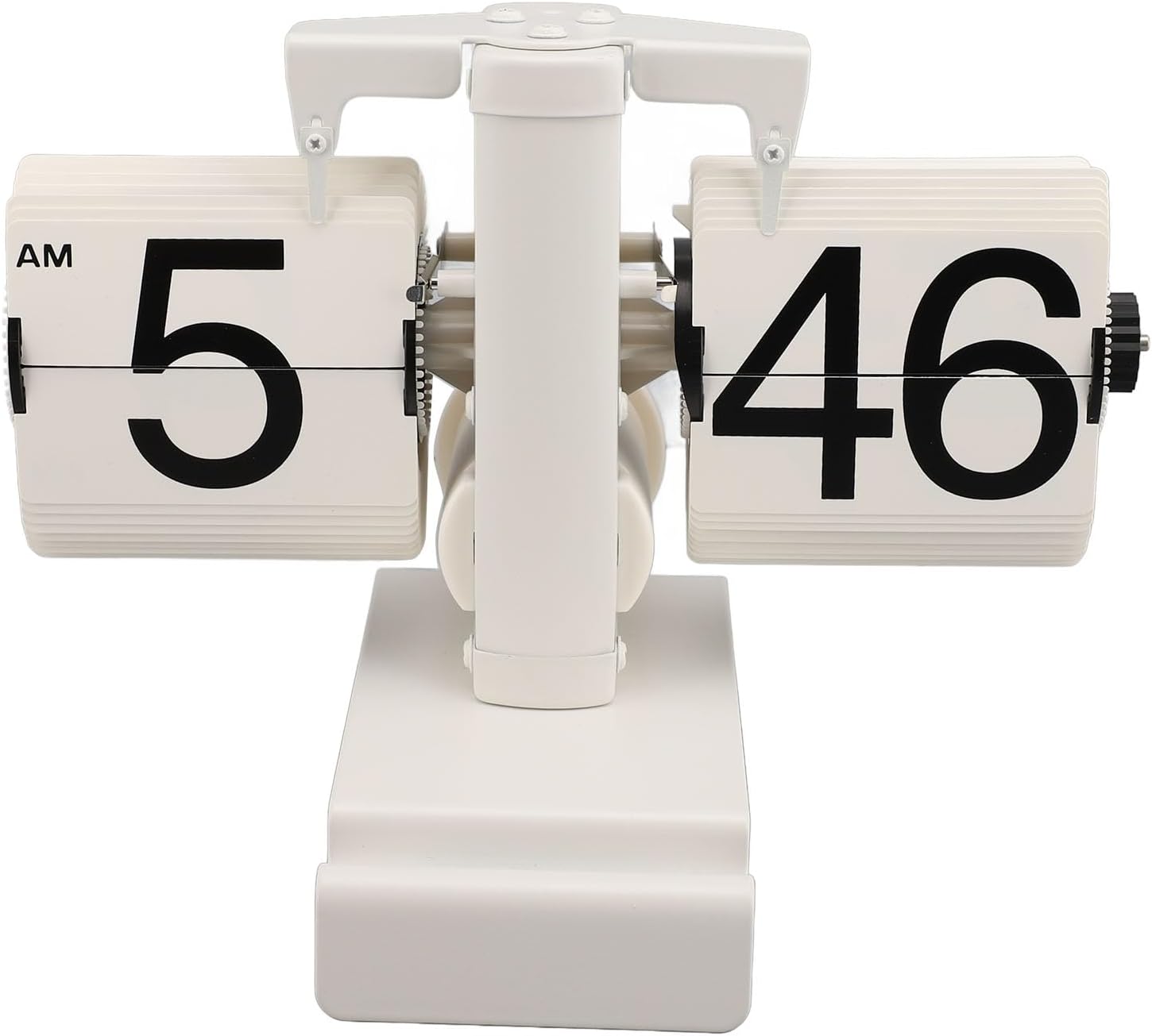 Battery Powered Flip Clock, Retro Metal Minimalist Desk Clock with Large Numbers Phone Holder Non Slip Pad Flip Clock for Office Living Room Study Room (All White Version)