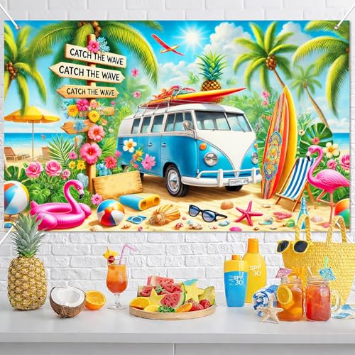 Image of BlissYard Summer Beach Party Decorations 71 x 43 Inch Hawaiian Tropical Surf Van Beach Party Banner Flamingo Palm Tree Photo Background Indoor Outdoor Summer Wall Decor
