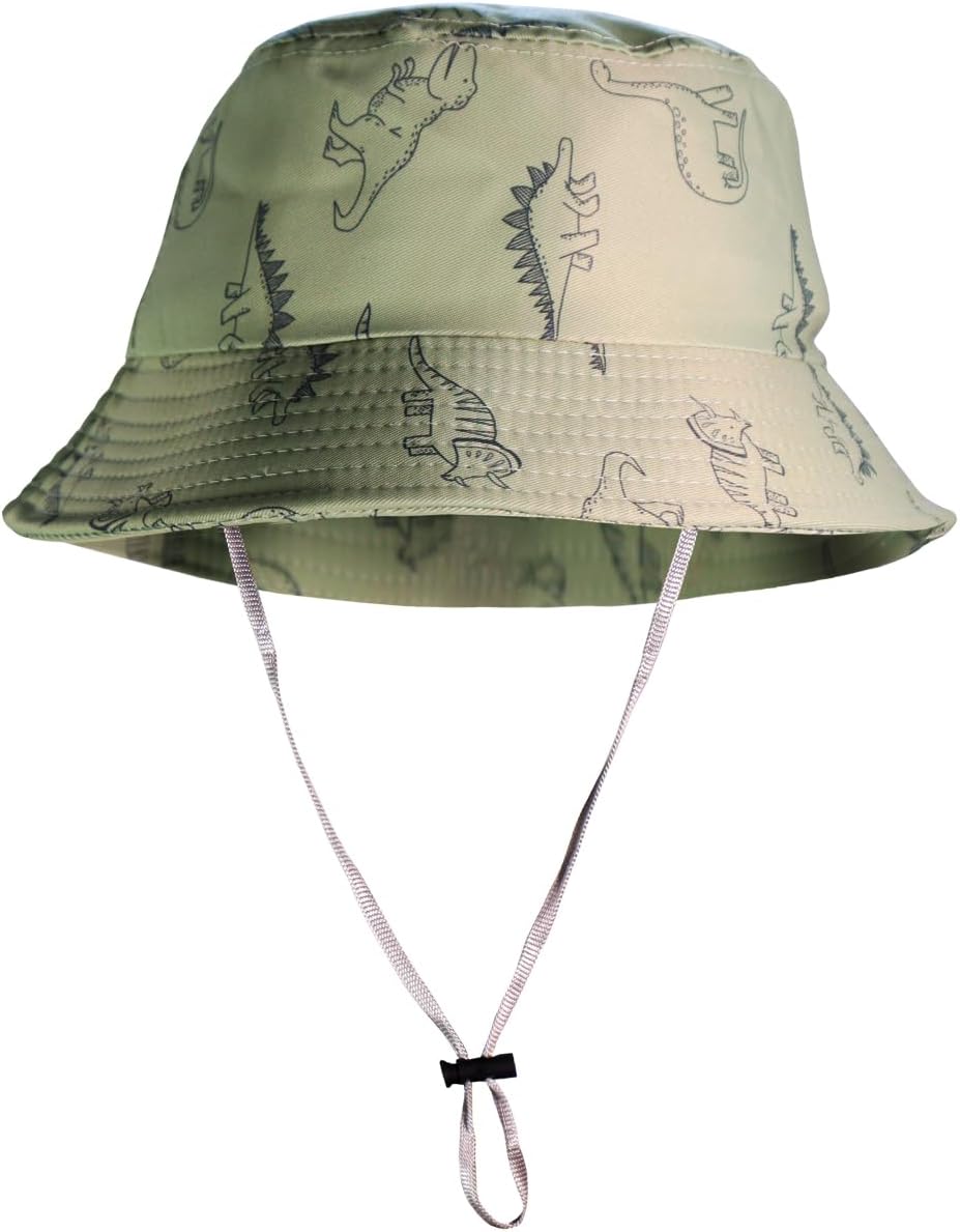 Chapéu Bucket Infantil Kids Unissex Proteção UV Sol Calor Verão Praia Saida Férias Modelo Cata Ovo Aba Larga Ajuste e Cordão Estampado Dinossauros